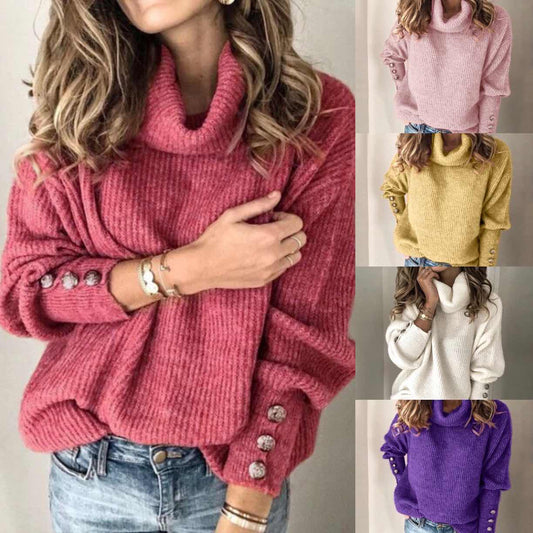 Ladies Loose Turtleneck Button Knit Sweater