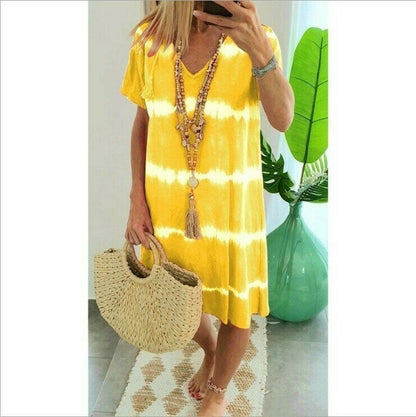 👗🌊 PROMO FLASH 50% ! Robe-T-Shirt Ample Rayée Tie-Dye – Coton Doux, Col V, Manches Courtes, Tailles S-5XL, Idéale Été & Plage ✨☀️