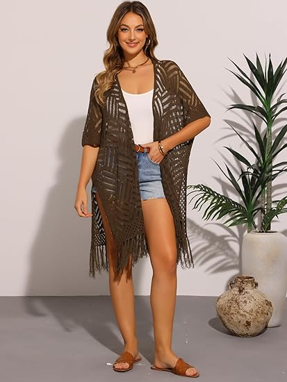 😍קרדיגן סרוג במידות גדולות לנשים – קימונו קל משקל עם ציציות, בסריגת קרושה, לאביב ולקית 🌸