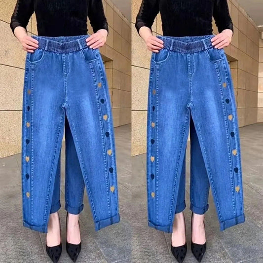 Jeans brodés à motif de cœur à haute élasticité pour femmes