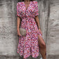 Élégante robe fendue à taille haute avec col en V et motif floral