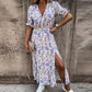 Élégante robe fendue à taille haute avec col en V et motif floral