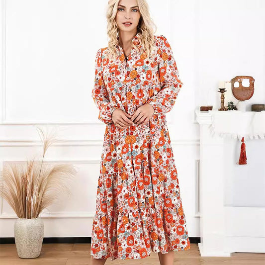 Robe midi bohème à manches longues et col en V pour femmes