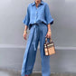 💞Ensemble 2 pièces avec haut à revers et pantalon à cordon de couleur unie💃