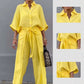 💞Ensemble 2 pièces avec haut à revers et pantalon à cordon de couleur unie💃