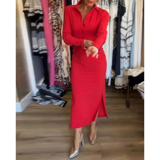 Robe Sexy Rouge à Manches Longues avec Col à Revers pour Femme