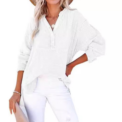 👔 PROMO LIMITÉE 56% DE RÉDUCTION ! ✨ Chemisier Femme Oversize – Gaze Léger, Col V & Manches Longues 🍃