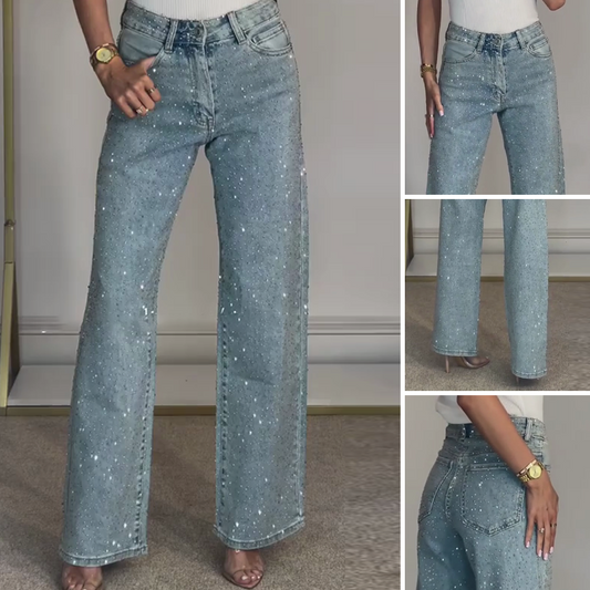 🔥Un jean coupe droite orné de strass✨Devenez la star qui brille de mille feux !✨