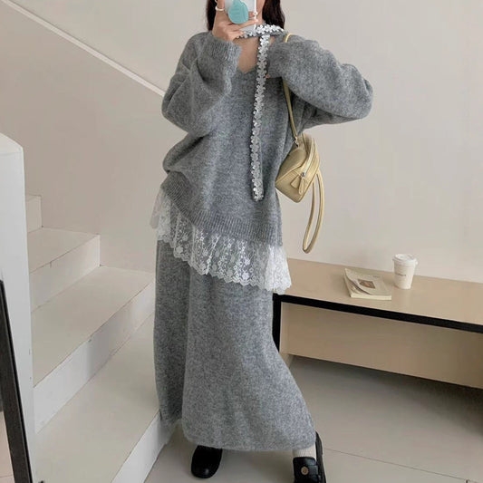 ✨ Ensemble 2 pièces composé d'un pull en maille à bordures en dentelle et d'une jupe pour femme — Une élégance naturelle pour l'automne et l'hiver ❄️👗
