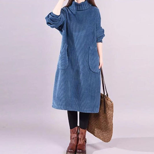 Robe longue ample en velours côtelé à col haut pour femme