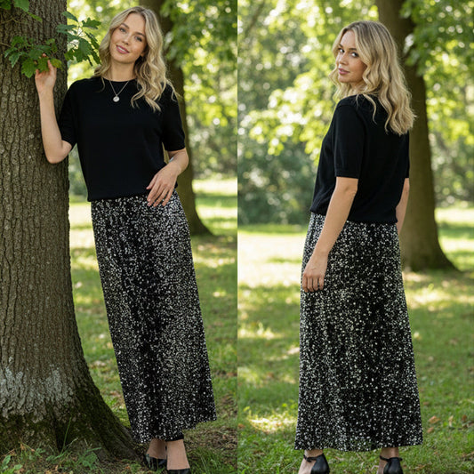 Ensemble 2 pièces pour femme composé d'un haut en tricot et d'une jupe à paillettes