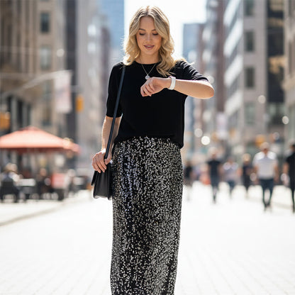 Ensemble 2 pièces pour femme composé d'un haut en tricot et d'une jupe à paillettes