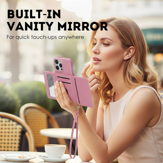 Coque de téléphone protectrice avec portefeuille, miroir et dragonne