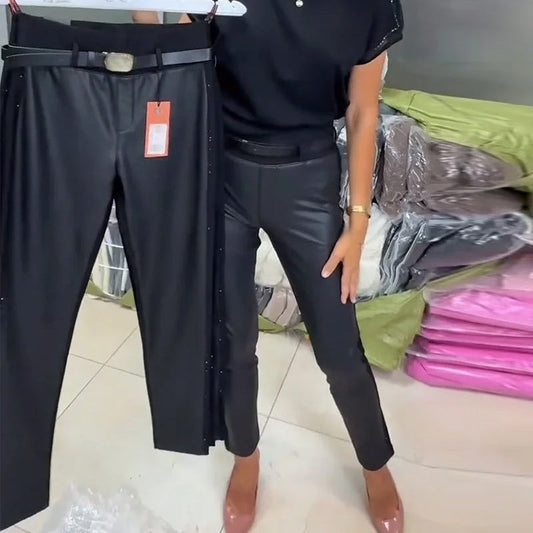 Pantalon taille haute en similicuir pour femme