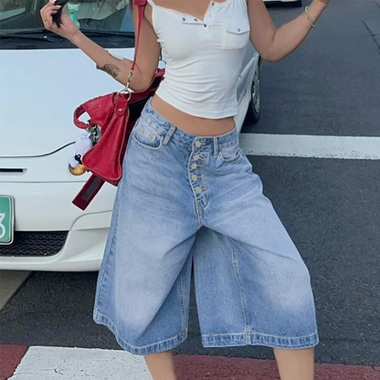 Jupe-culotte en jean à jambes larges et boutons multiples pour femme