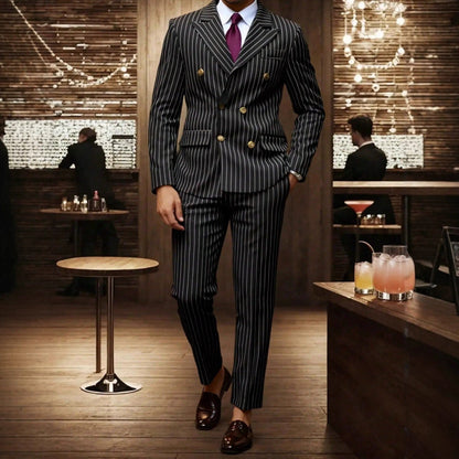 Costume homme à fines rayures 👔 Affine et allonge la silhouette, croisé avec revers pointus, coupe ajustée 💼 Idéal pour les affaires et les mariages 🏆