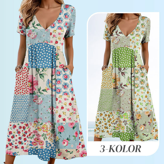 🥳VENTE FLASH 2026🥳💞Plus de 50 000 vendus !💙63 % de réduction ! Robe à manches courtes et col V à motifs pour femme – Tissu doux, coupe flatteuse et ajustée, un indispensable du quotidien décontracté🌿✅