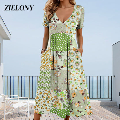 🥳VENTE FLASH 2026🥳💞Plus de 50 000 vendus !💙63 % de réduction ! Robe à manches courtes et col V à motifs pour femme – Tissu doux, coupe flatteuse et ajustée, un indispensable du quotidien décontracté🌿✅