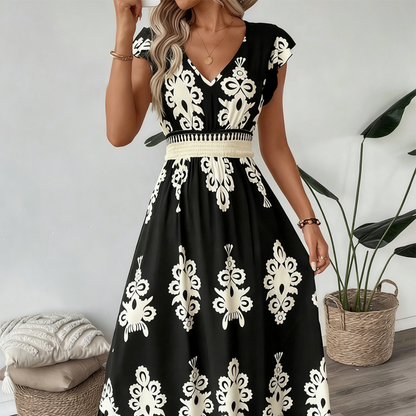 🎑60 % de réduction ✨Robe longue fluide à col en V et imprimé baroque pour femme