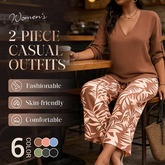 🔥Ensemble composé d'un chemisier pour femme à encolure en V et d'un pantalon à jambes larges à motifs✈️