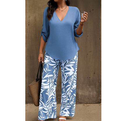 🔥Ensemble composé d'un chemisier pour femme à encolure en V et d'un pantalon à jambes larges à motifs✈️