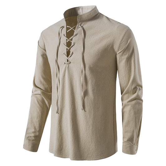 🔥Chemise Henley pour homme en coton et lin, à col montant et manches longues✈️