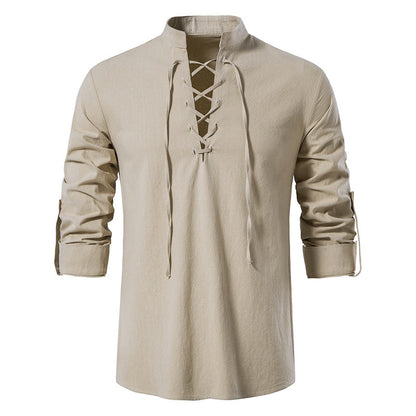 🔥Chemise Henley pour homme en coton et lin, à col montant et manches longues✈️