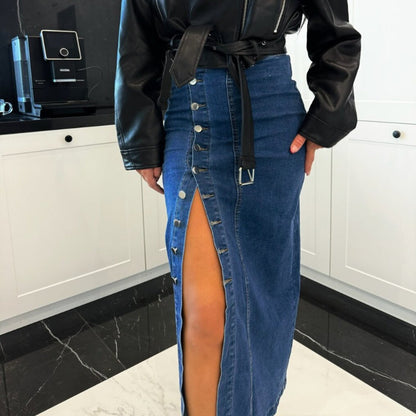 👗 Jupe Denim Chic à Boutons | Coupe Bodycon & Fendue ✨