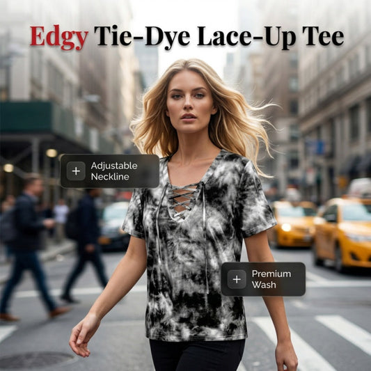 🔥T-shirt à col en V et lacets pour femme, effet tie-dye✈️