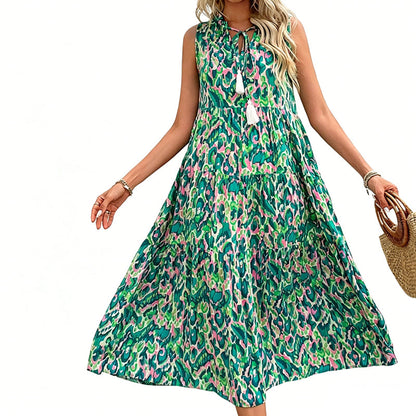 👗 50 % DE RÉDUCTION EN CE MOMENT ! 🌸 Robe midi à volants sans manches pour femme, imprimé abstrait – Coupe fluide, motif unique, idéale pour la plage, un brunch ou une sortie ☀️