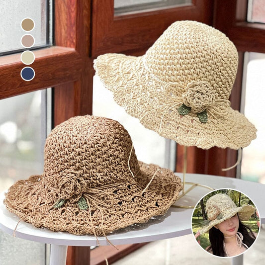 🔥Élégant Chapeau de Paille au Crochet avec Détail à Volants✈️