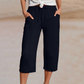 Pantalon court plissé en coton et lin uni pour femme