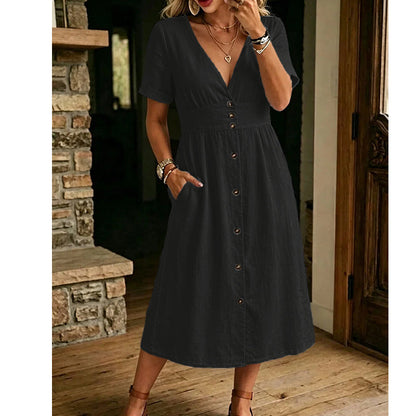 🌸 Le chic estival en toute simplicité – Robe d'été à col en V et boutons pour femme☀️