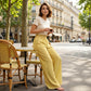 Pantalon pour femme à taille froncée et motif vichy rayé