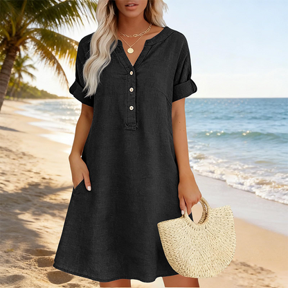 Robe tunique décontractée à col en V et poches pour femme