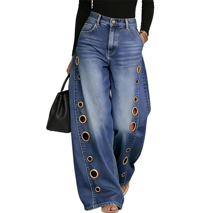 🌸 -50% SUR UNE SÉLECTION ! Jean Femme Œillets Jambes Larges – Doux, Aéré & Tendance avec Ceinture 🔘✨ 【Offre Limitée】