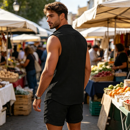 סט חולצה מכופתרת ללא שרוולים ומכנסיים קצרים לגבר – דוגמה בעלת מרקם, קל משקל, מוכן לחופשה