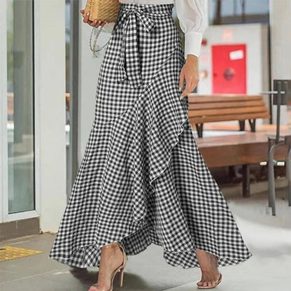 Jupe longue asymétrique à volants et taille haute pour femme