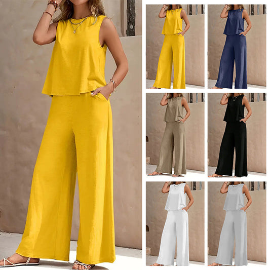 Ensemble composé d'un haut sans manches uni et d'un pantalon à jambes larges