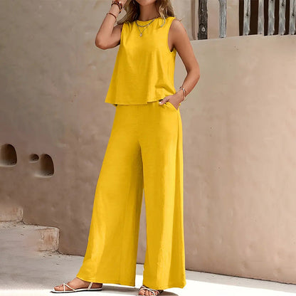 Ensemble composé d'un haut sans manches uni et d'un pantalon à jambes larges