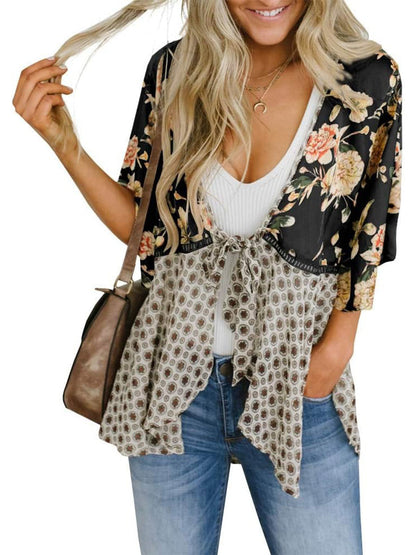 🌸Soldes de printemps : 49 % de réduction🌸Cardigans pour femme à fleurs, à manches volantées et à nouer, style bohème fluide et ample