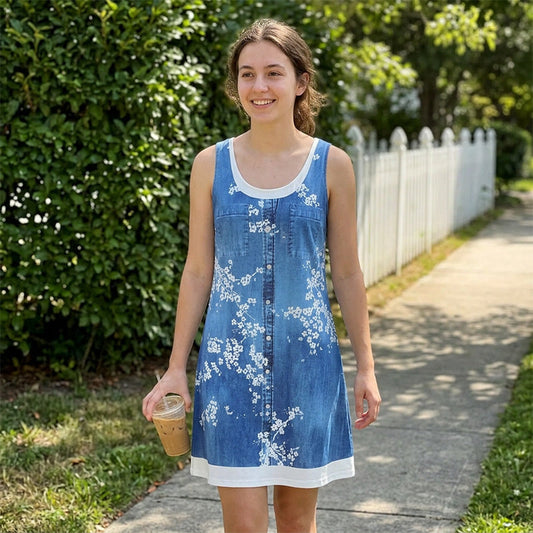 Robe deux-pièces pour femme en simili-denim imprimé