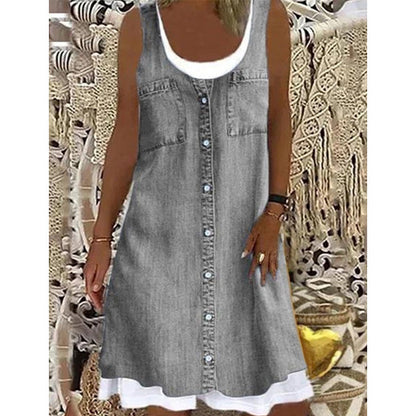 Robe deux-pièces pour femme en simili-denim imprimé