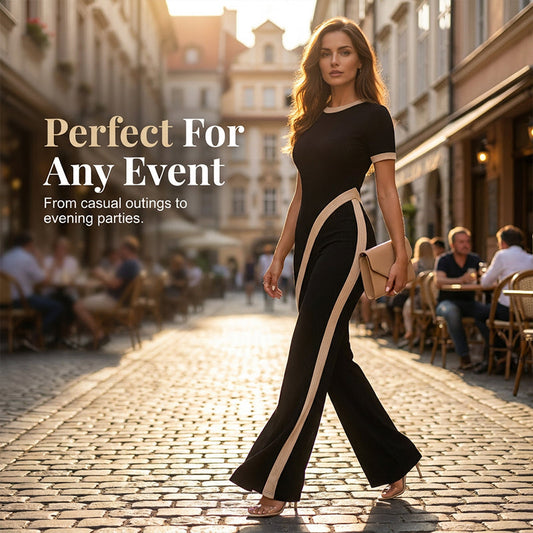 Ensemble femme composé d'un haut à manches courtes et d'un pantalon évasé