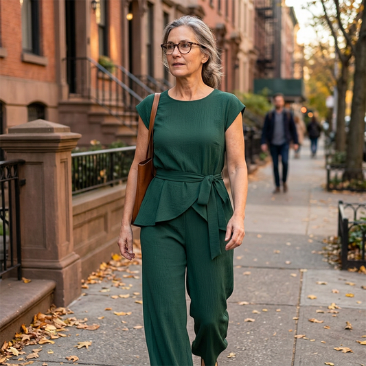 Ensemble chic composé d'un haut uni et d'un pantalon à jambes larges