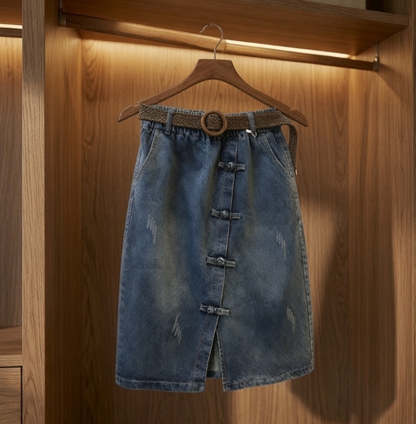 Jupe midi en jean coupe trapèze amincissante pour femme