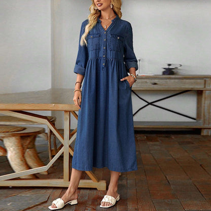 Robe longue en jean à boutons pour femmes, grande taille