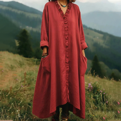 Robe longue ample à col en V et volants