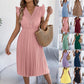 Robe midi pour femme à col en V, en dentelle, à manches à volants et plissée