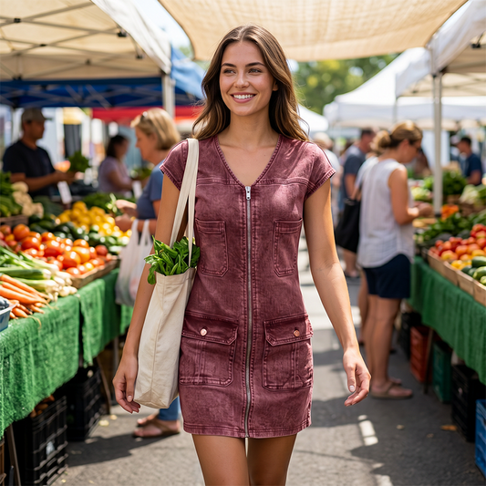 Robe décontractée à manches courtes et fermeture éclair pour femme